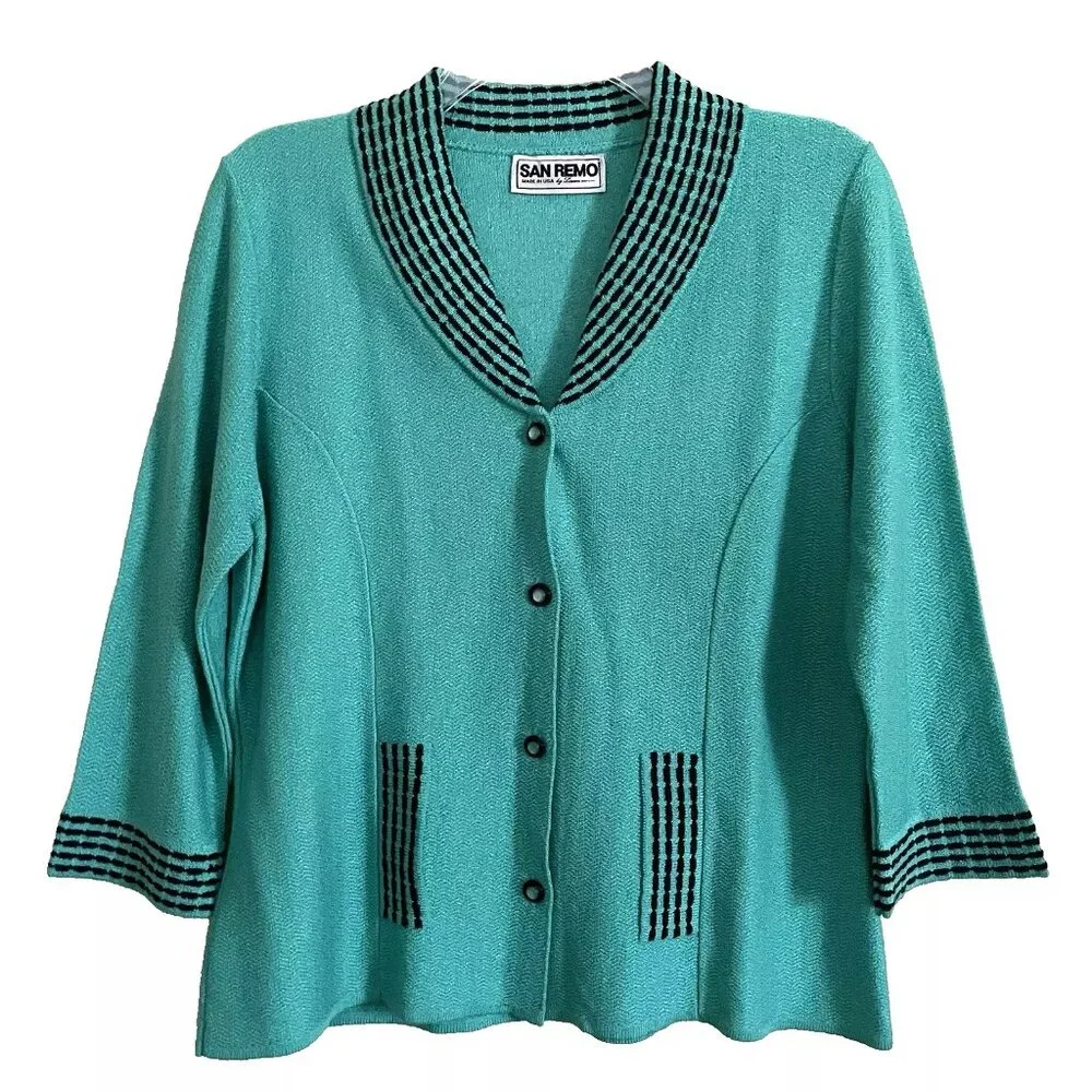 Vintage San Remo Green Cardigan Sweater Jacket Medium Rockabilly Retro
